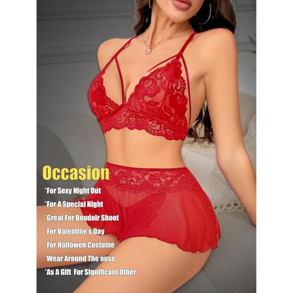 Sexy Lingerie for Women 3 Piece Lace Bra Panty Set Strappy Lingerie with Skirt - Picture 5 of 6